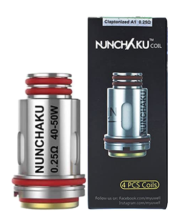 The Uwell Nunchaku replacement coils come in two variants; 0.4 Ohm Clapton coil and 0.25 Clapton Ohm Coil.  Both the 0.25 Ohm coil and 0.4 Ohm coil are recommended for sub-ohm use, this is for e-liquids that are 60% VG or higher.  - Vapox UK LTD  (5661637345441)